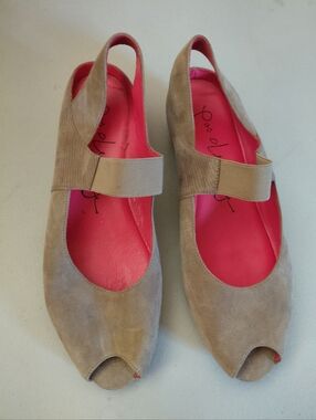 Pas De Rouge Silvia Mary Jane Suede Peep Toe Sling Back Sandal Shoes Size 40 Tan